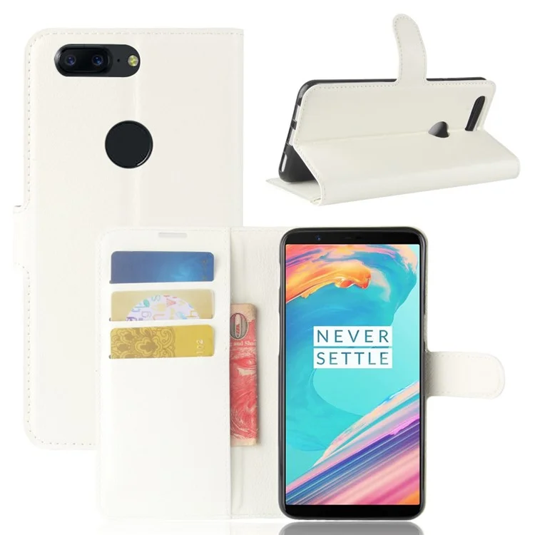 Litchi Texture Wallet Stand Leather Cover for OnePlus 5T - White