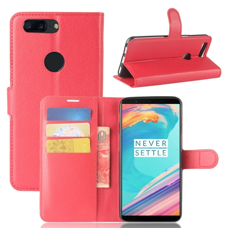 Carteira de Textura Litchi Concha de Couro Para OnePlus 5T - Vermelho