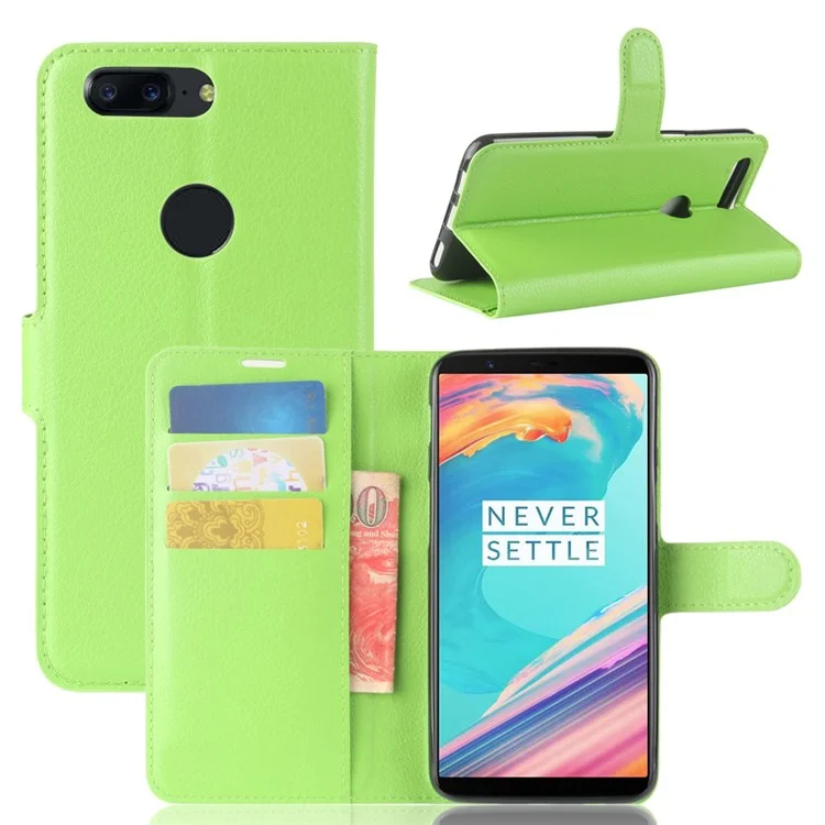 Litchi Texture Wallet Stand Leather Protective Shell Case For Oneplus 5T - Green