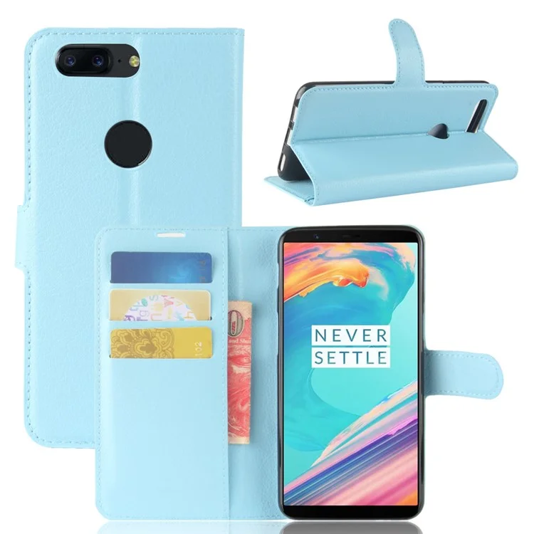 Litchi Grain Wallet Stand Leder Mobile Hülle Für OnePlus 5T - Blau