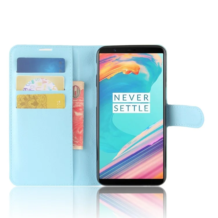 Litchi Grein Stand Stand Leather Mobile Case Para OnePlus 5T - Azul