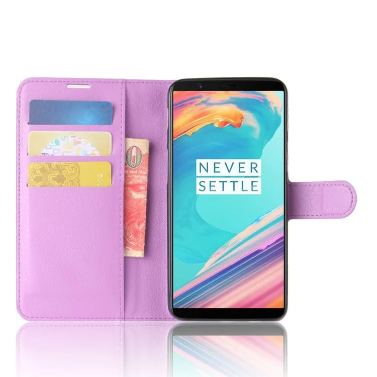 Litchi Skin Wallet Stand Leather Mobile Cover for OnePlus 5T - Purple