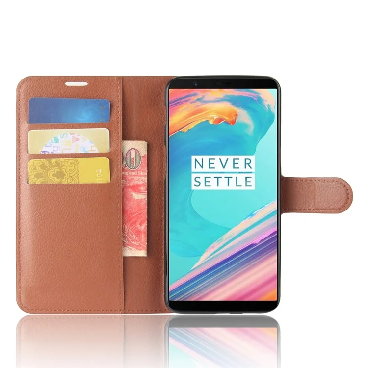 Acessório de Couro do Suporte Para Cartão de Textura Litchi Para o OnePlus 5T - Castanho