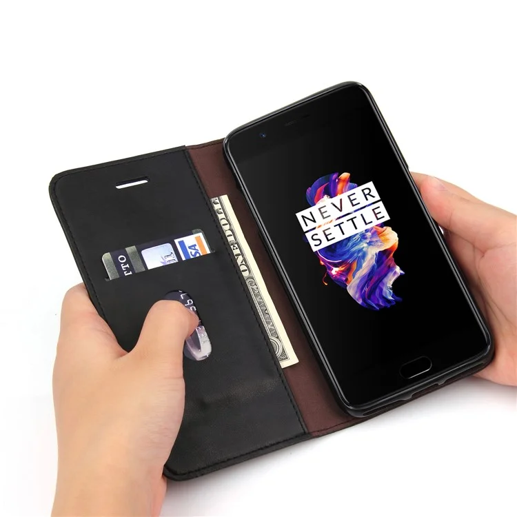 Retro Style Auto-absorbed Crazy Horse Leather Wallet Stand Case for OnePlus 5T - Black