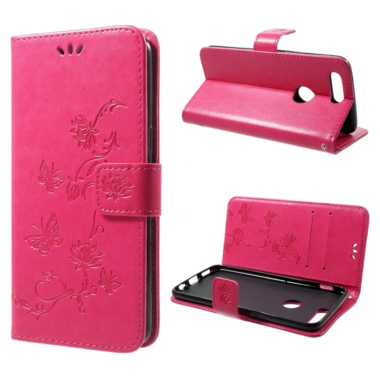 Imprint Butterfly Flower PU Leather Magnetic Wallet Case for OnePlus 5T - Rose