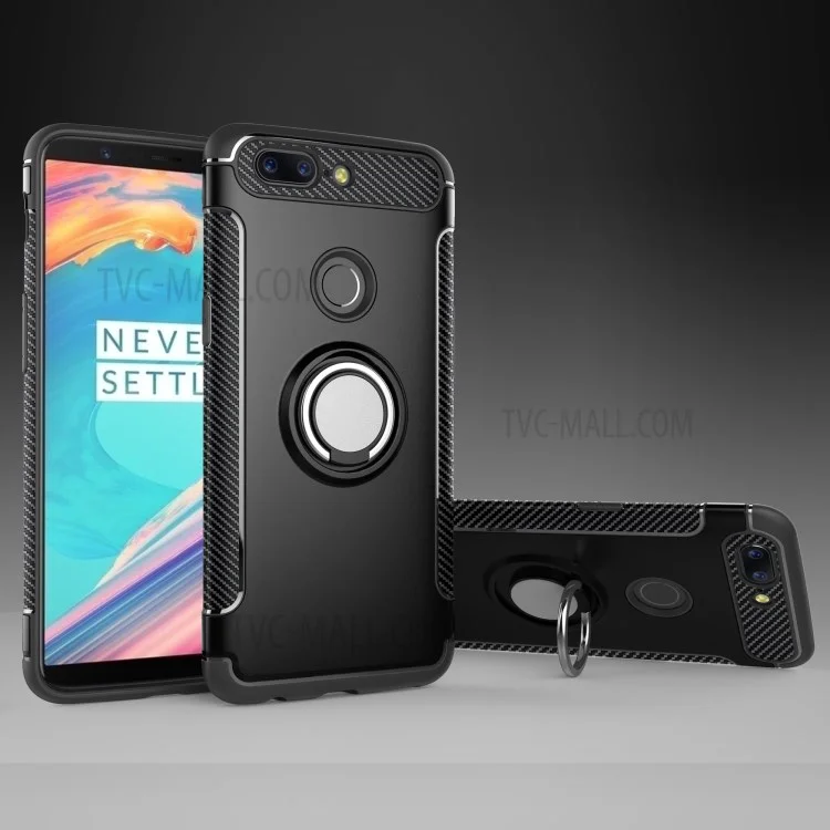 Magnetic Ring Holder Kickstand Carbon Fiber Texture TPU + PC Hybrid Case for OnePlus 5T - Black