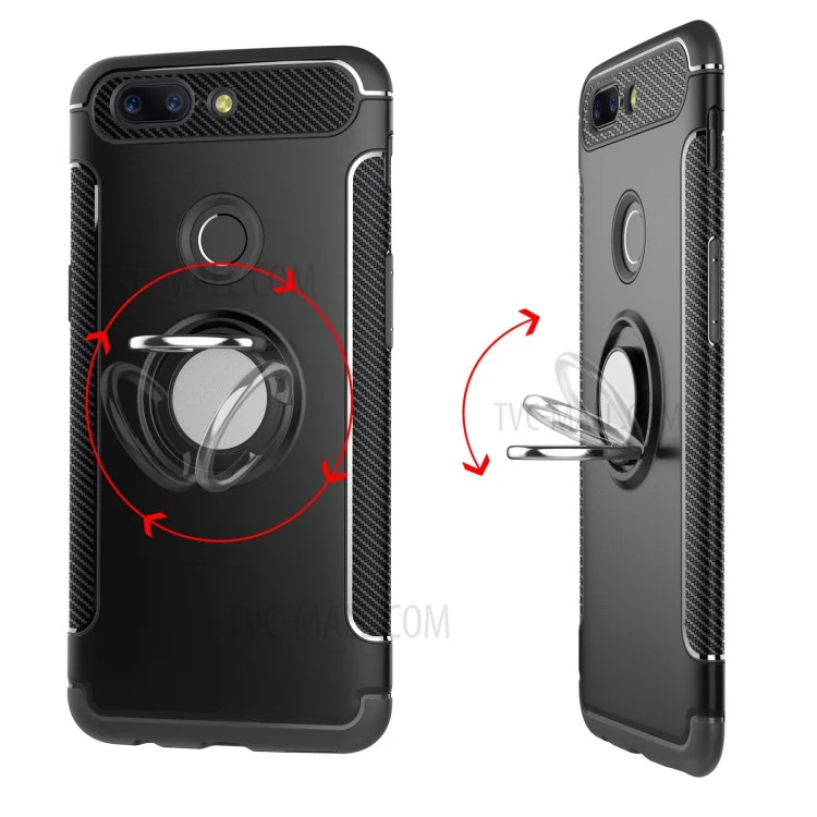 Porte-bague Magnétique Kickstand Fibre De Carbone Texture TPU + Coque Hybride PC Pour Oneplus 5T - Noir