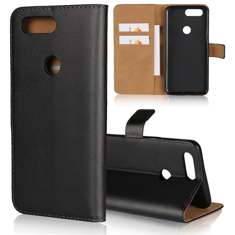 Genuine Split Leather Wallet Stand Phone Case for OnePlus 5T - Black