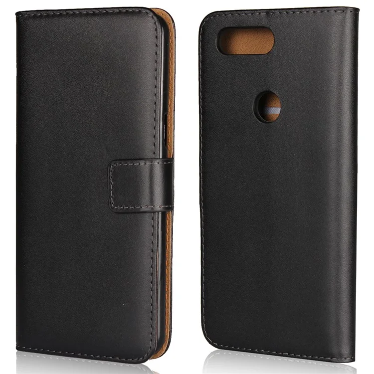 Genuine Split Leather Wallet Stand Phone Case for OnePlus 5T - Black