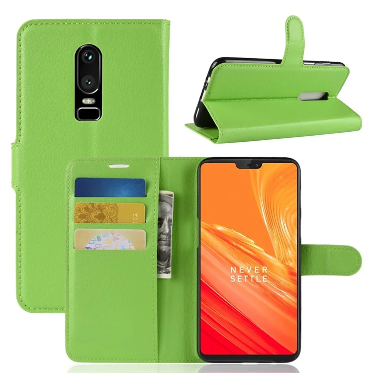 Litchi Skin Leather Stand Stand Com Slots de Cartão Para o Shell do OnePlus 6 Celular - Verde