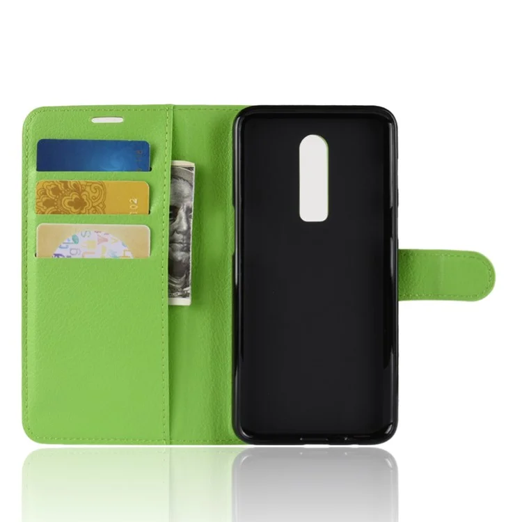 Litchi Skin Leather Stand Cover with Card Slots for OnePlus 6 Cell Phone Case Shell - Green