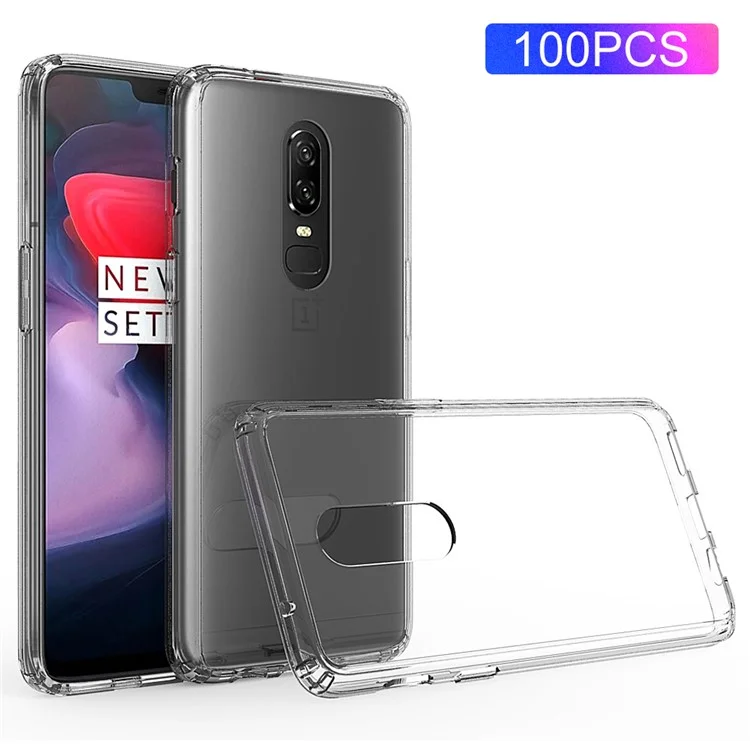 100PCS/Lot Drop-resistant Clear Acrylic + TPU Hybrid Case for OnePlus 6 - Transparent