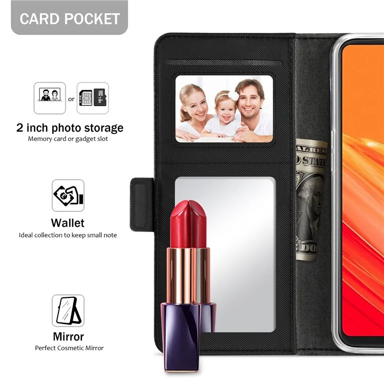 For OnePlus 6 Leather Wallet Stand Case with Card Holder and Makeup Mirror - Black
