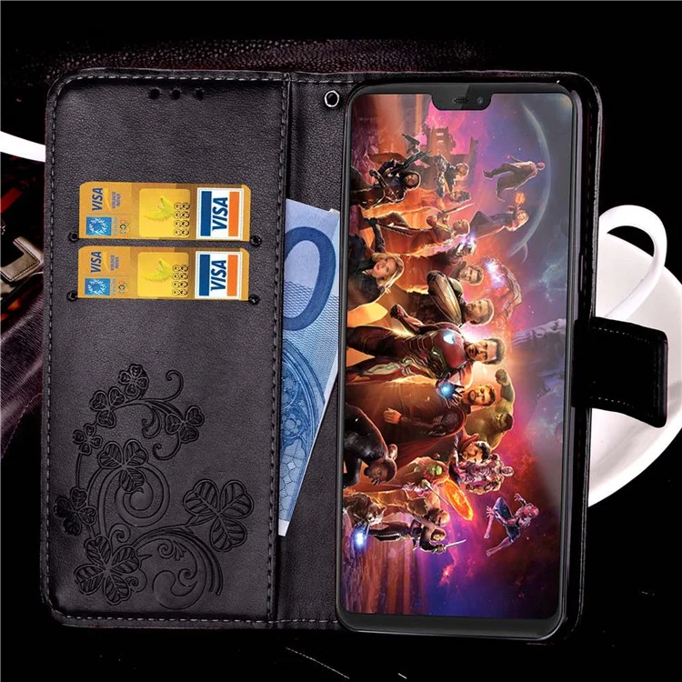 Imprint Lucky Clover Magnetic PU Leather Stand Wallet Case for OnePlus 6 - Black
