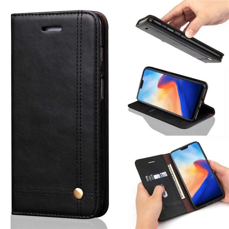 For OnePlus 6 Crazy Horse Texture Retro Leather Auto-absorbed Wallet Stand Phone Cover Accessory - Black