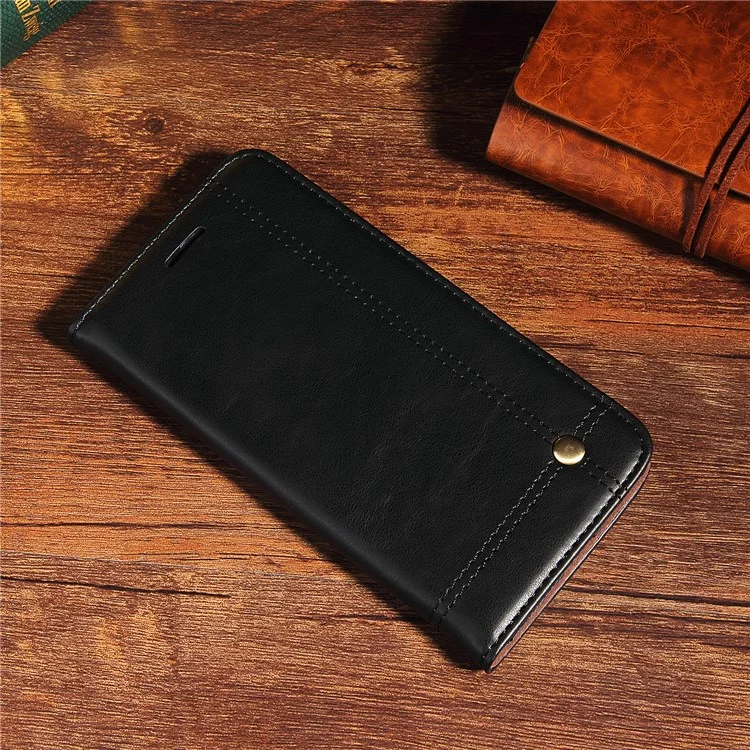 For OnePlus 6 Crazy Horse Texture Retro Leather Auto-absorbed Wallet Stand Phone Cover Accessory - Black