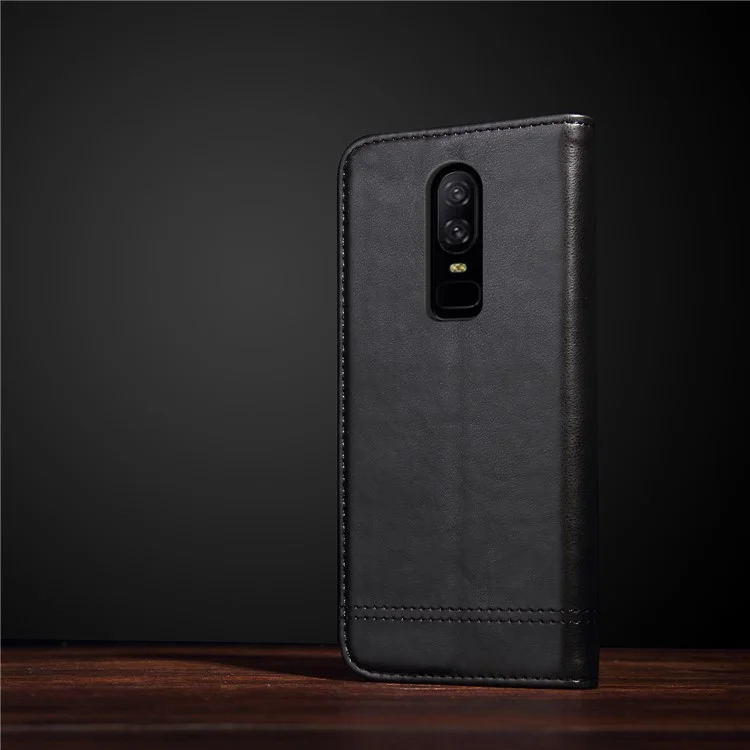 For OnePlus 6 Crazy Horse Texture Retro Leather Auto-absorbed Wallet Stand Phone Cover Accessory - Black