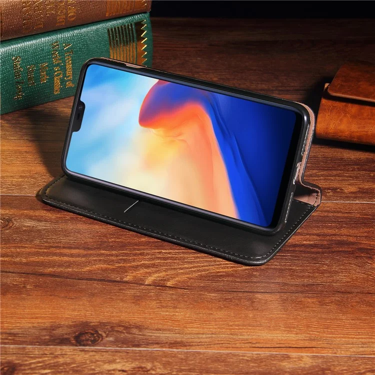 For OnePlus 6 Crazy Horse Texture Retro Leather Auto-absorbed Wallet Stand Phone Cover Accessory - Black