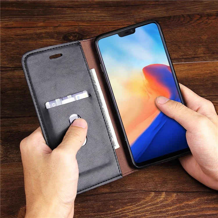 For OnePlus 6 Crazy Horse Texture Retro Leather Auto-absorbed Wallet Stand Phone Cover Accessory - Black