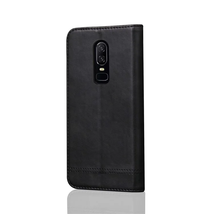 For OnePlus 6 Crazy Horse Texture Retro Leather Auto-absorbed Wallet Stand Phone Cover Accessory - Black