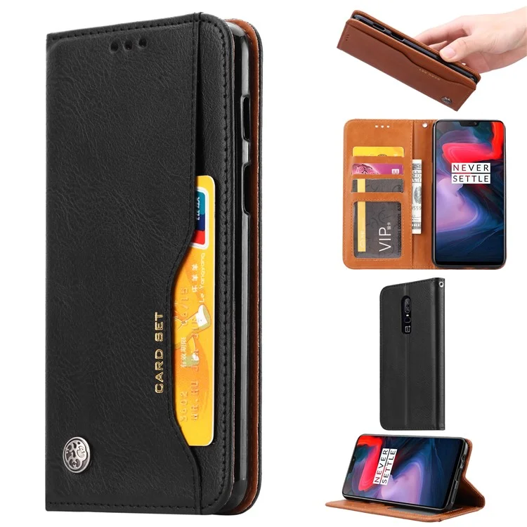 PU Leather Auto-absorbed Stand Wallet Phone Cover for OnePlus 6 - Black