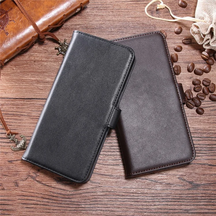 Genuine Leather Wallet Stand Mobile Phone Cover for OnePlus 6 - Black