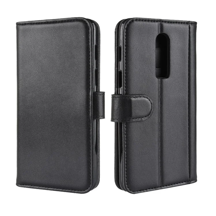 Genuine Leather Wallet Stand Mobile Phone Cover for OnePlus 6 - Black