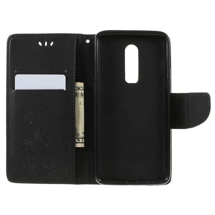 Imprinted Butterfly Flowers PU Leather Wallet Stand Case for OnePlus 6 - Black