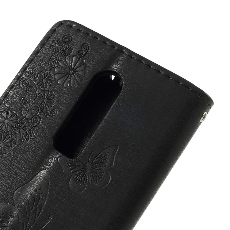 Imprinted Butterfly Flowers PU Leather Wallet Stand Case for OnePlus 6 - Black
