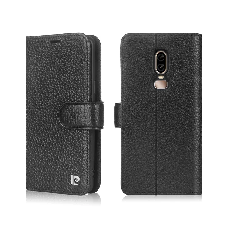 PIERRE CARDIN Litchi Grain Genuine Leather Wallet Card Slot Phone Cover with Stand for OnePlus 6 - Black