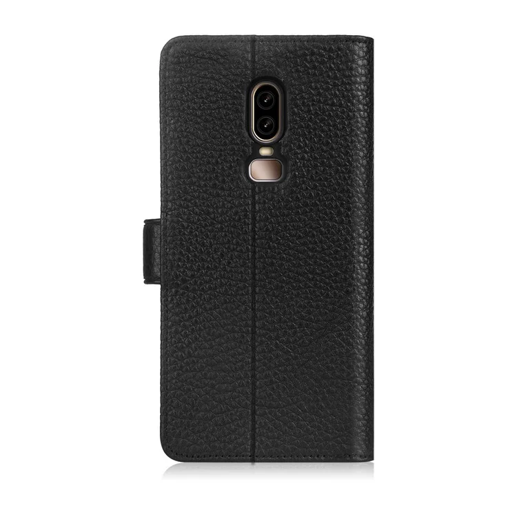PIERRE CARDIN Litchi Grain Genuine Leather Wallet Card Slot Phone Cover with Stand for OnePlus 6 - Black