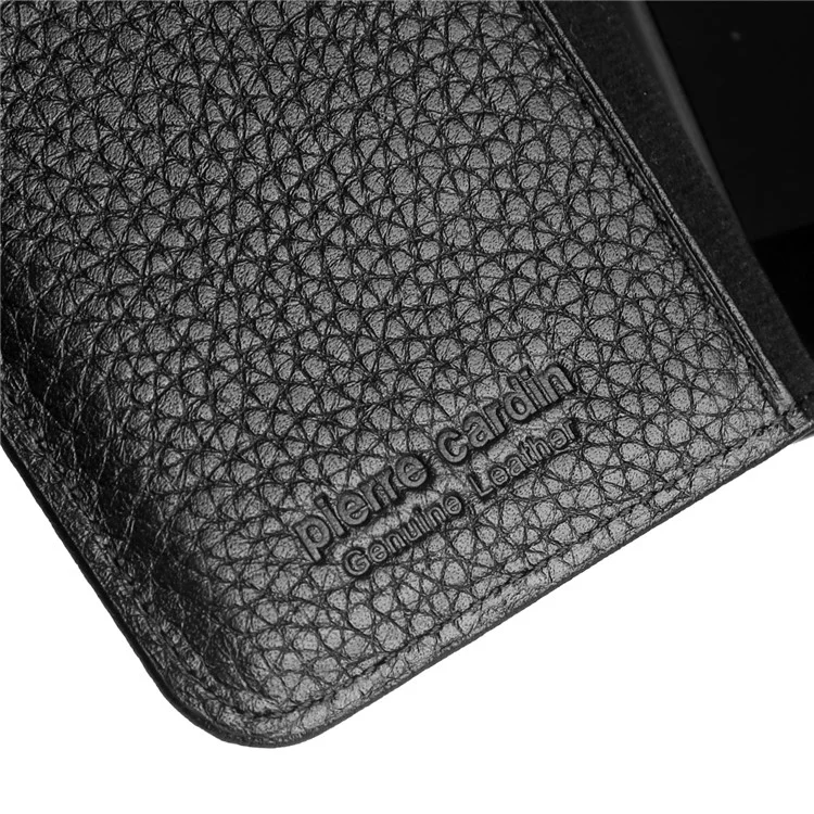 PIERRE CARDIN Litchi Grain Genuine Leather Wallet Card Slot Phone Cover with Stand for OnePlus 6 - Black