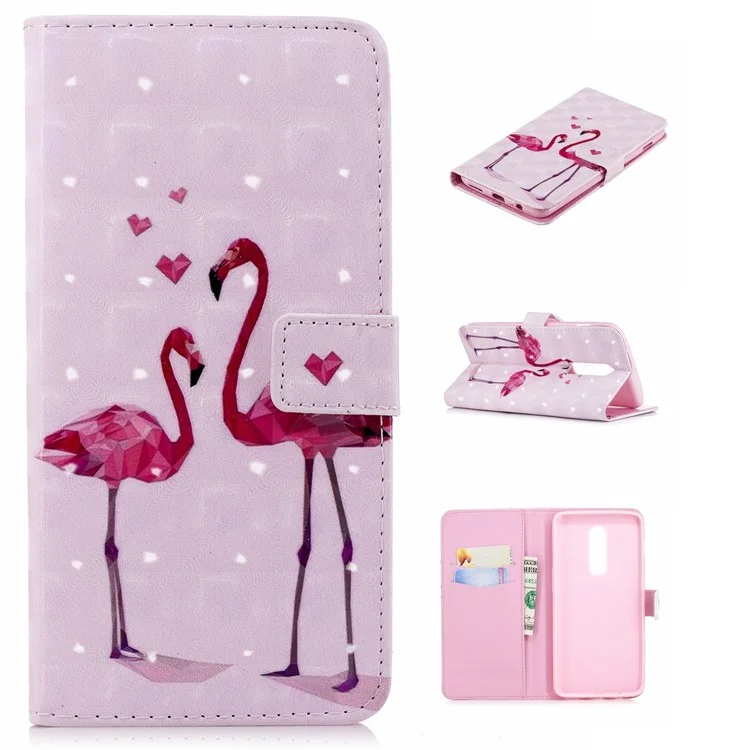 Light Spot Decor Patterned PU Leather Protection Phone Case for OnePlus 6 - Flamingos