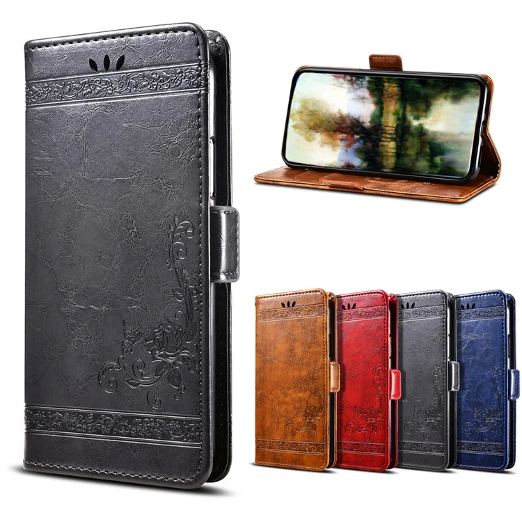 Imprinted Flower Oil Wax Leather Wallet Flip Stand Cover for OnePlus 6 - Black