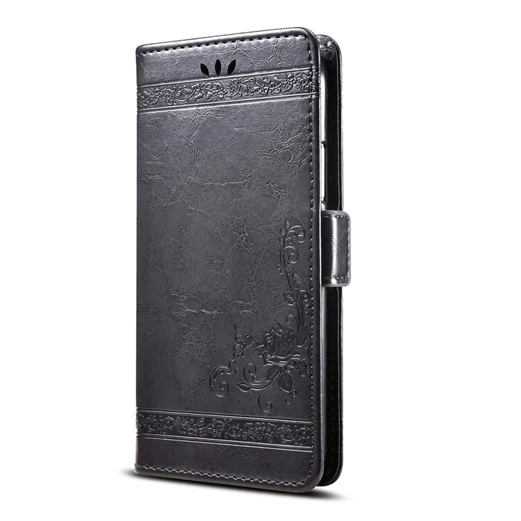 Imprinted Flower Oil Wax Leather Wallet Flip Stand Cover for OnePlus 6 - Black