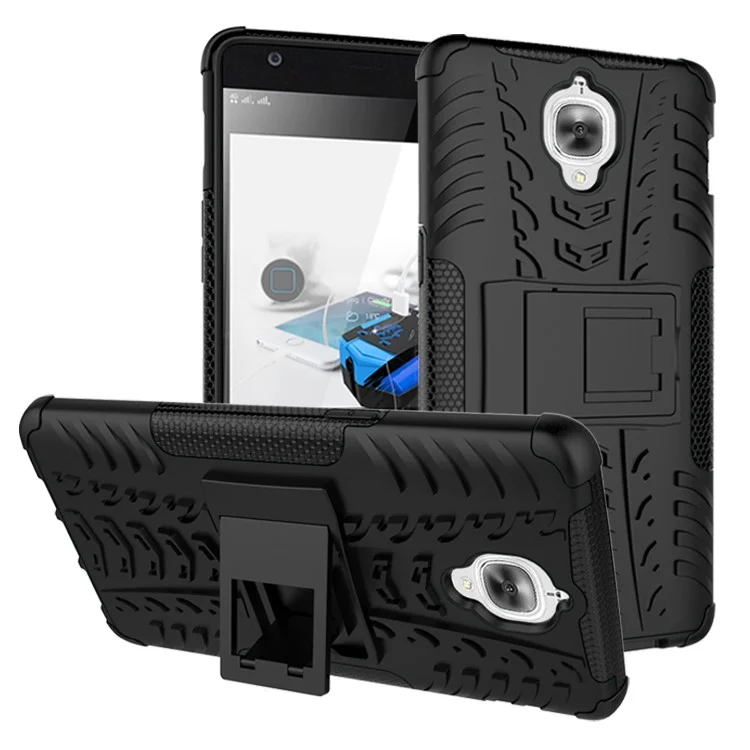 For OnePlus 3 / 3T Kickstand PC + TPU Hybrid Case Tyre Texture - Black