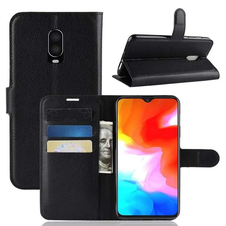 Litchi Skin pu en Cuir Protection Mobile Phonee Case Pour OnePlus 6T - le Noir