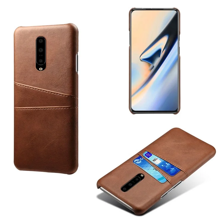 Double Card Slots PU Leather Coated PC Cell Phone Case for OnePlus 7 Pro - Brown