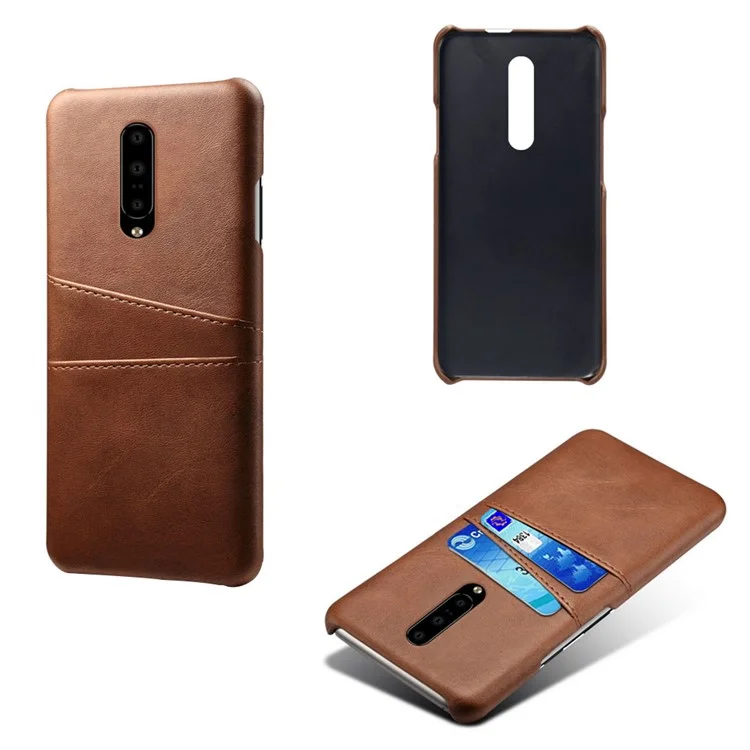 Double Card Slots PU Leather Coated PC Cell Phone Case for OnePlus 7 Pro - Brown