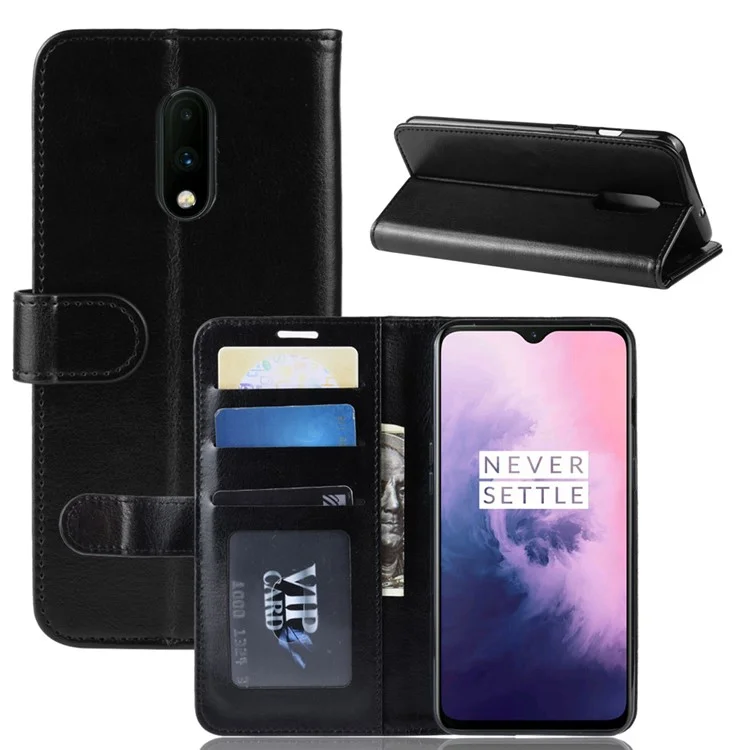 Billetera Plegable de Cuero PU Crazy Horse para OnePlus 7 - Negro