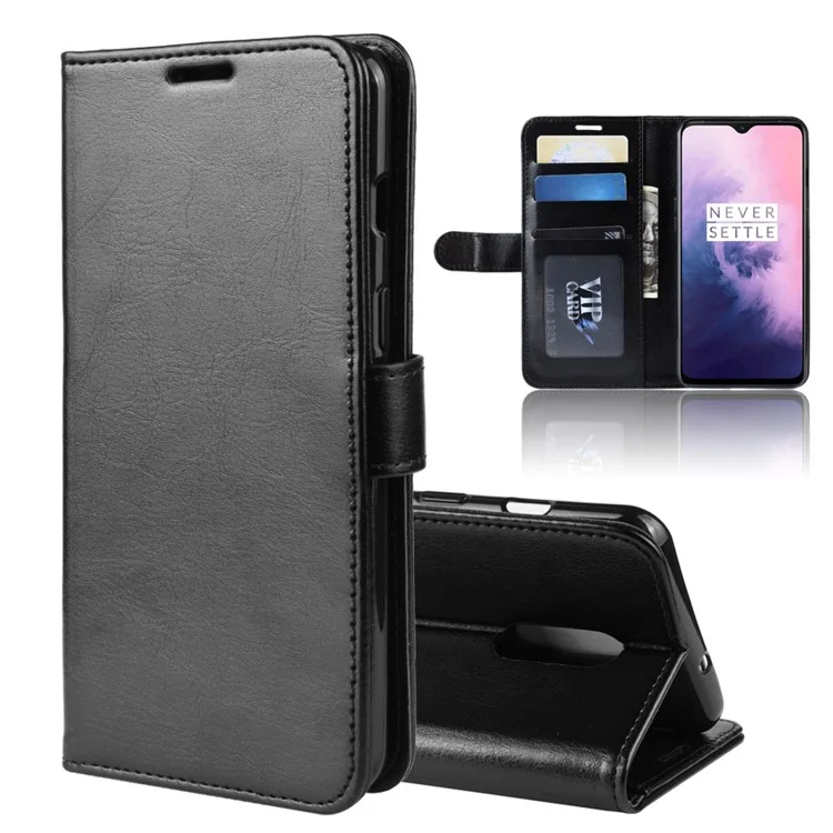 Billetera Plegable de Cuero PU Crazy Horse para OnePlus 7 - Negro