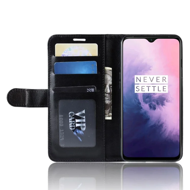 Billetera Plegable de Cuero PU Crazy Horse para OnePlus 7 - Negro