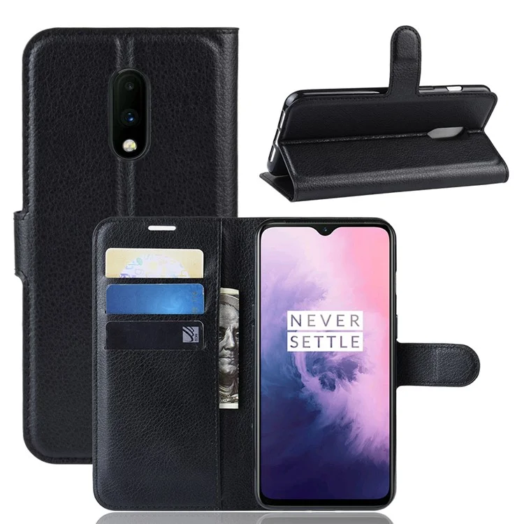 Litchi Texture Wallet Stand Leather Protective Phone Case for OnePlus 7 - Black