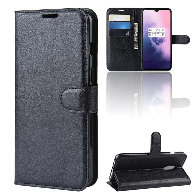 Litchi Textur Wallet Stand Leder Schutzhülle Für OnePlus 7 - Schwarz