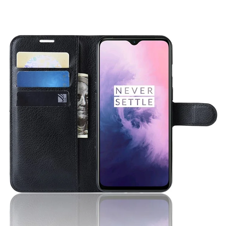 Litchi Texture Wallet Stand Leather Protective Phone Case for OnePlus 7 - Black