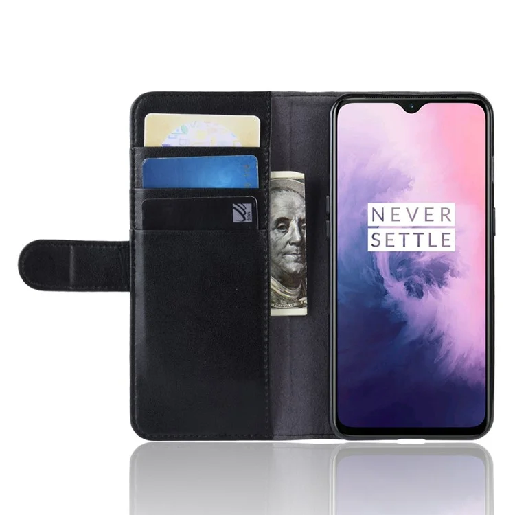 Cubierta de Teléfono de la Billetera de Cuero de Cuero Dividido Genuino Para OnePlus 7 - Negro