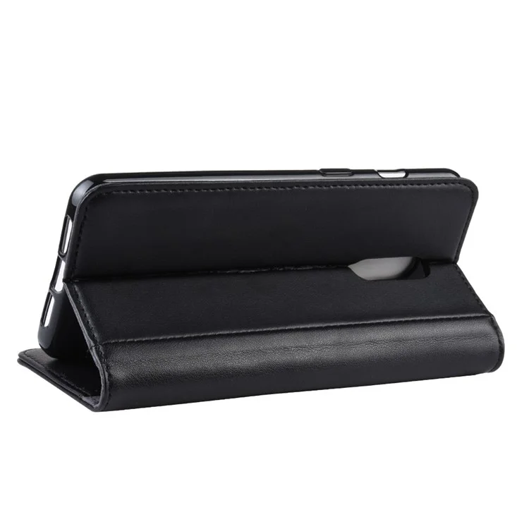 Genuine Split Leather Wallet Stand Phone Cover for OnePlus 7 - Black