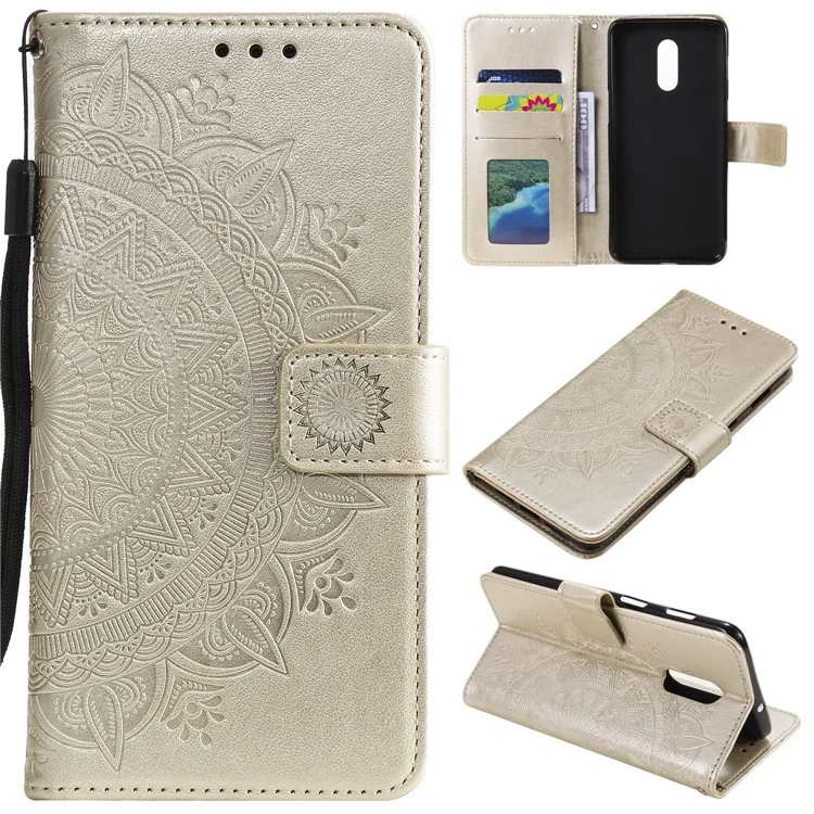 Imprint Flower Leather Wallet Case for OnePlus 7 - Gold