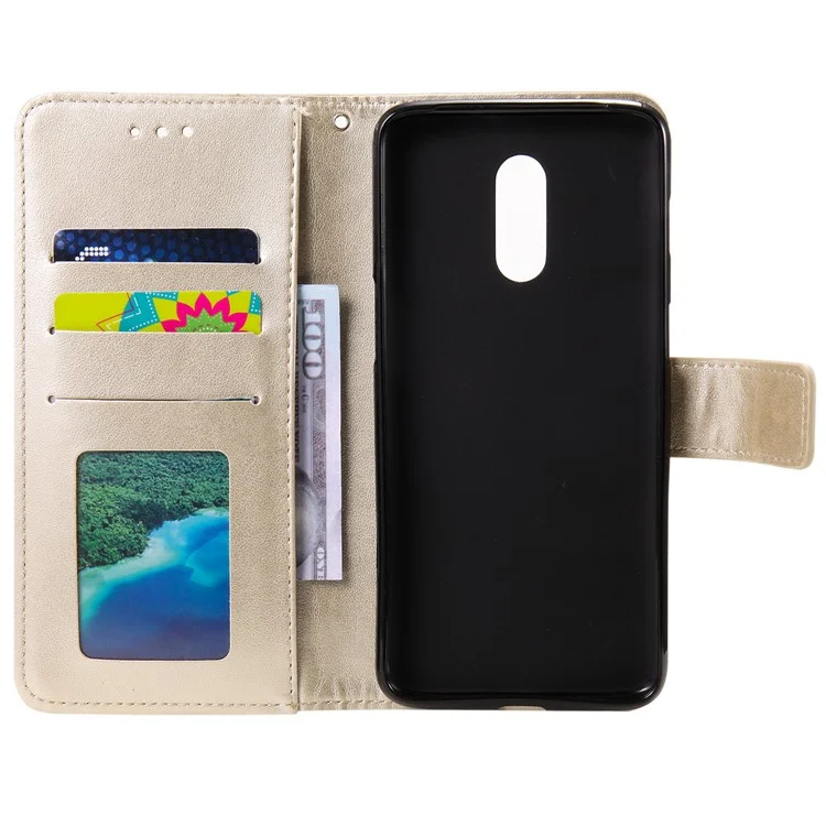 Imprint Flower Leather Wallet Case for OnePlus 7 - Gold