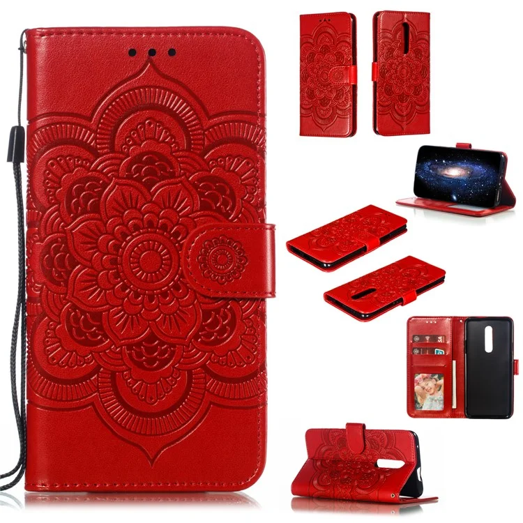 Imprint Mandala Flower Leather Wallet Case for OnePlus 7 Pro - Red